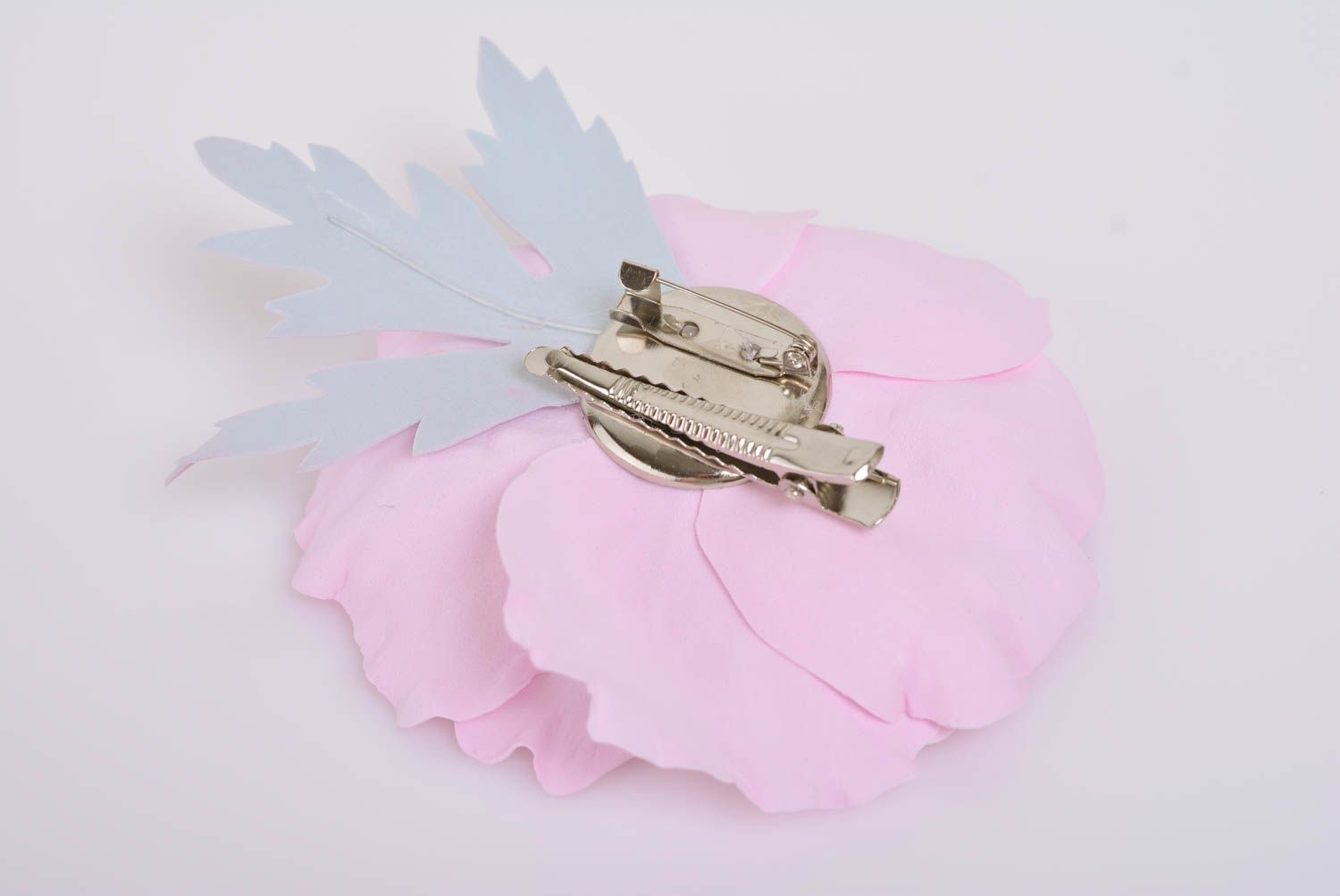 Handmade designer hair clip with large tender pink foamiran poppy flower photo 4