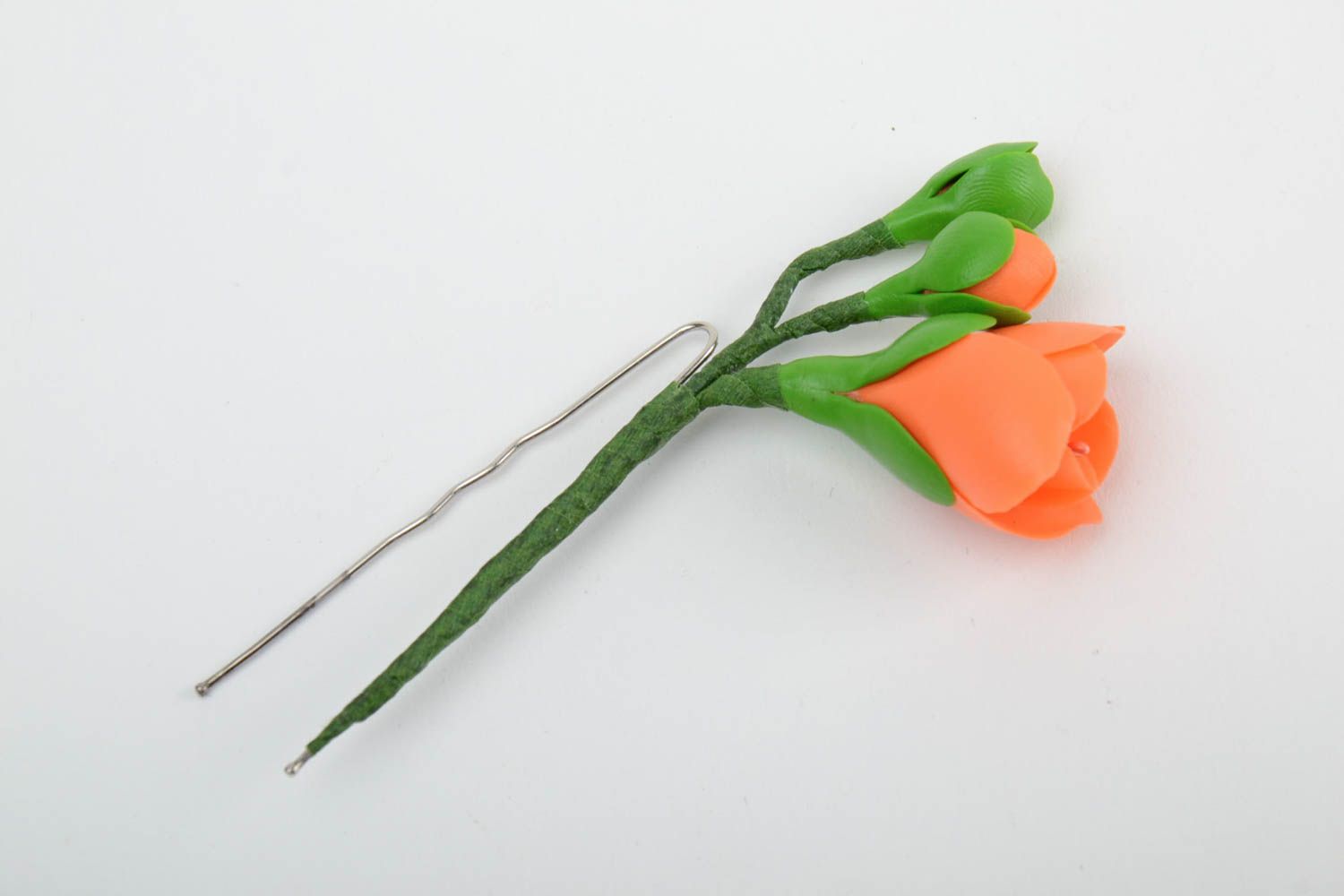 Handmade decorative metal hair pin with cold porcelain flower of orange color photo 5