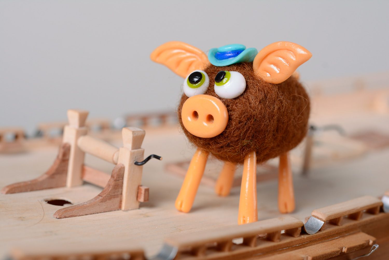 Handmade felted wool pocket toy miniature Pig photo 1