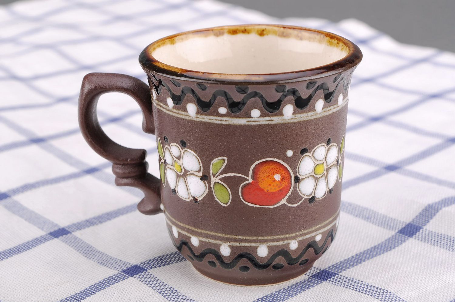 Clay lead-free glazed hand-painted teacup in brown, white, and red color with handle photo 1
