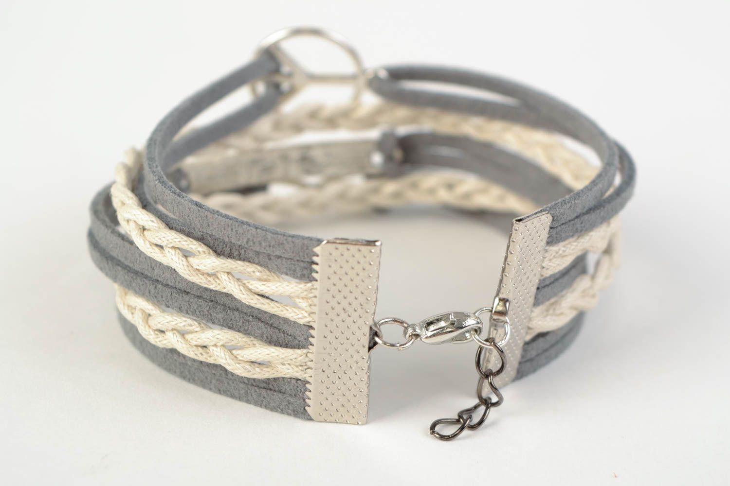 Gray and white handmade woven suede cord bracelet with pacific sign photo 4
