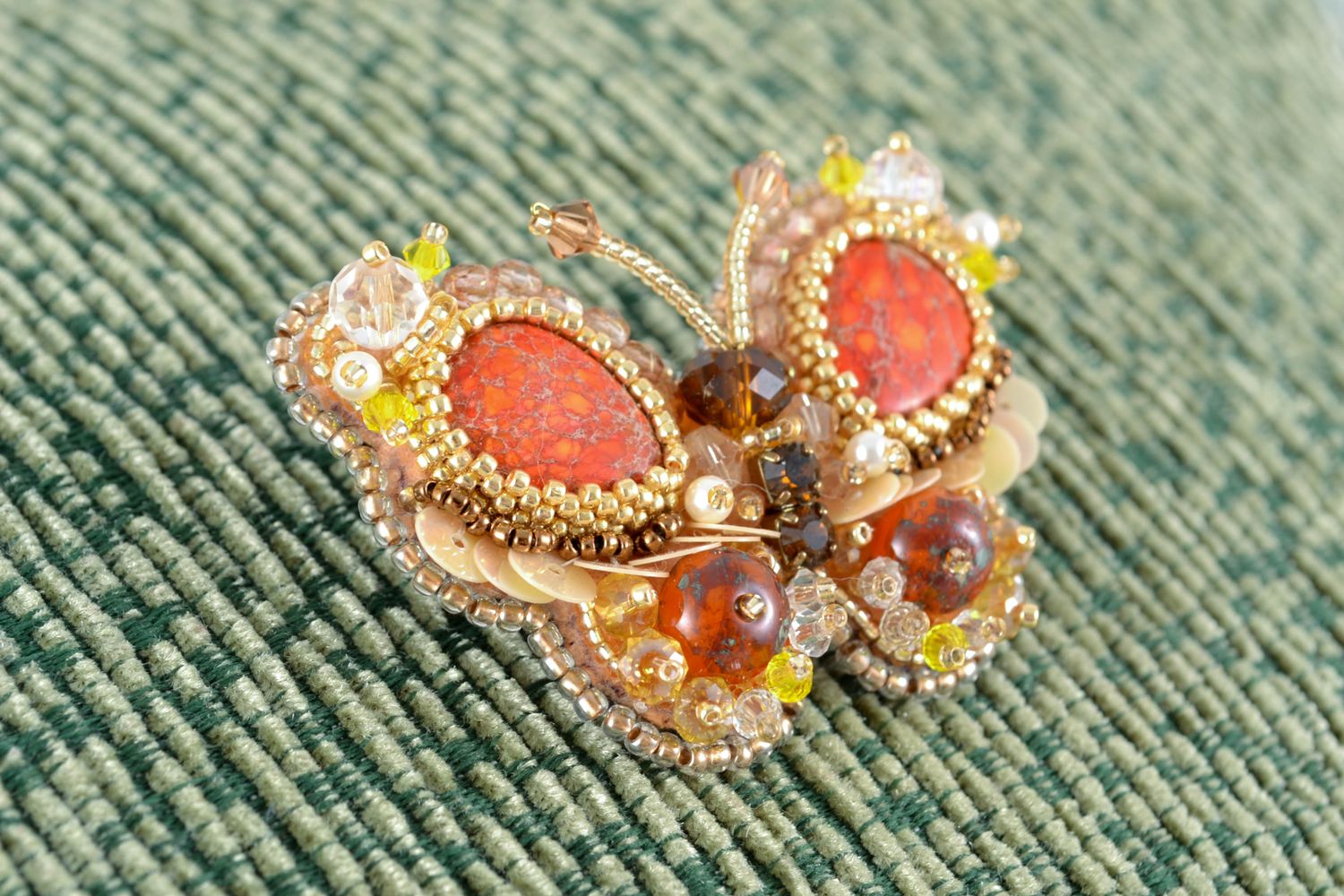 Handmade brooch embroidered with beads and natural stones photo 1
