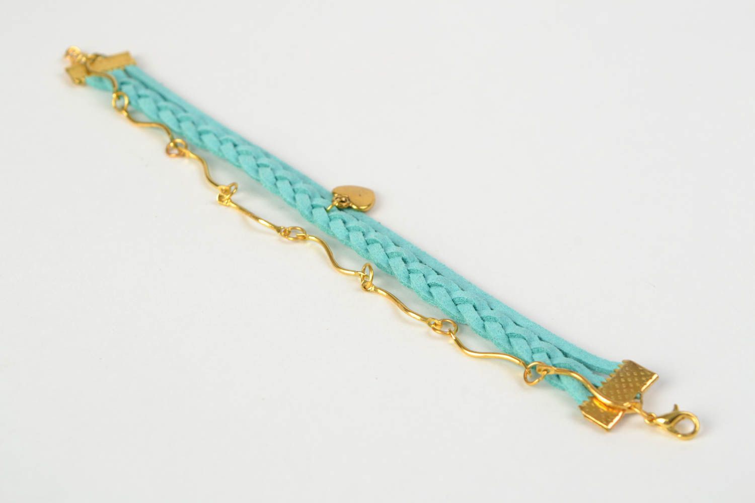 Blue and gold handmade woven suede cord bracelet with heart shaped pandant photo 5