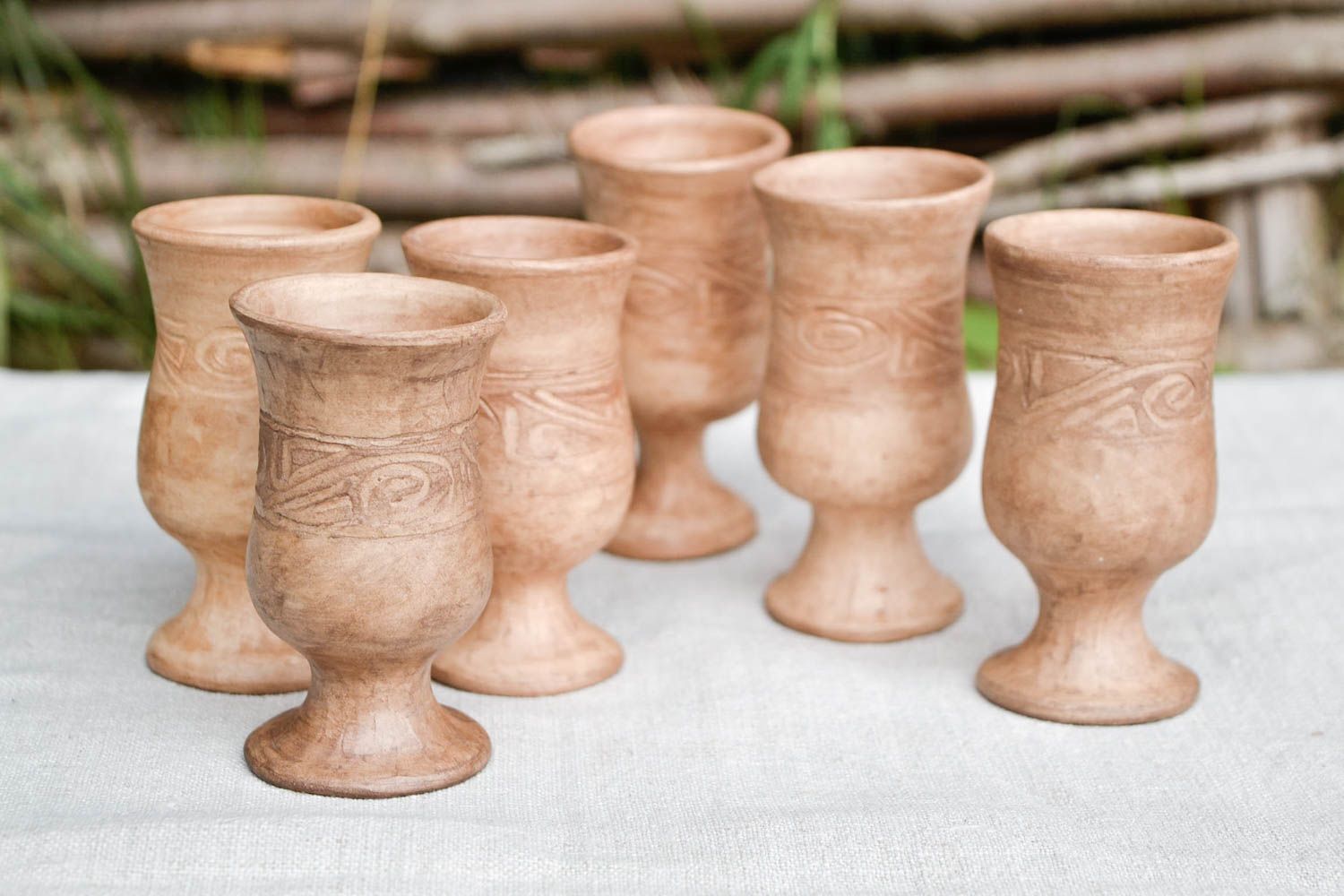 Set of 6 six wine drinking 2,5 oz goblets in Roman style and pattern made of white clay photo 1
