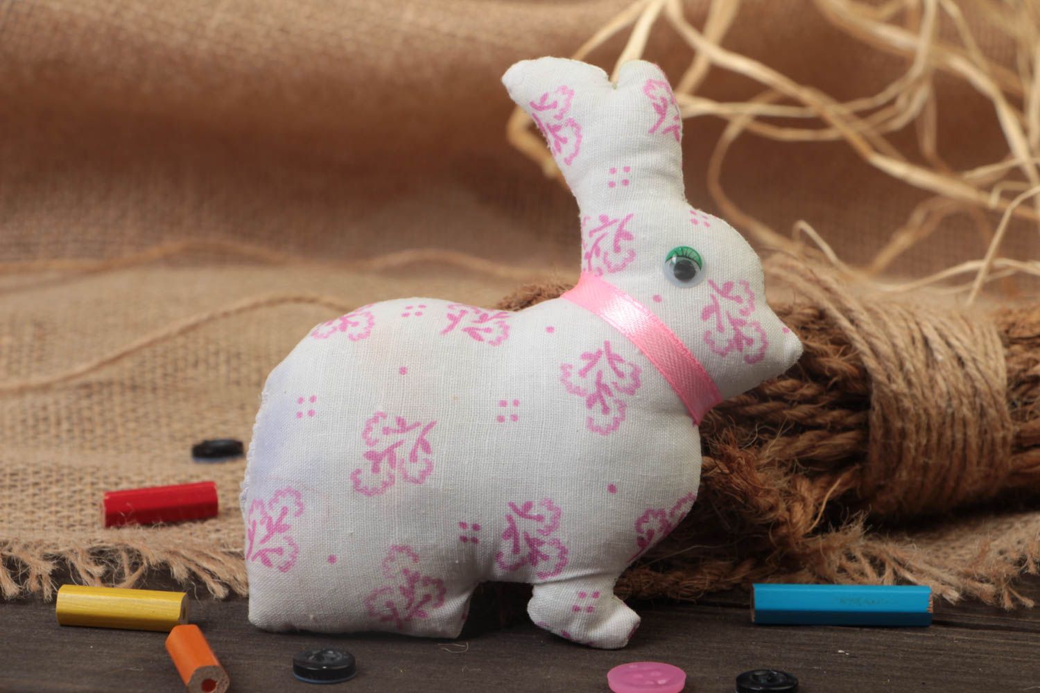 Soft toy rabbit white with pink handmade beautiful little present for children photo 1