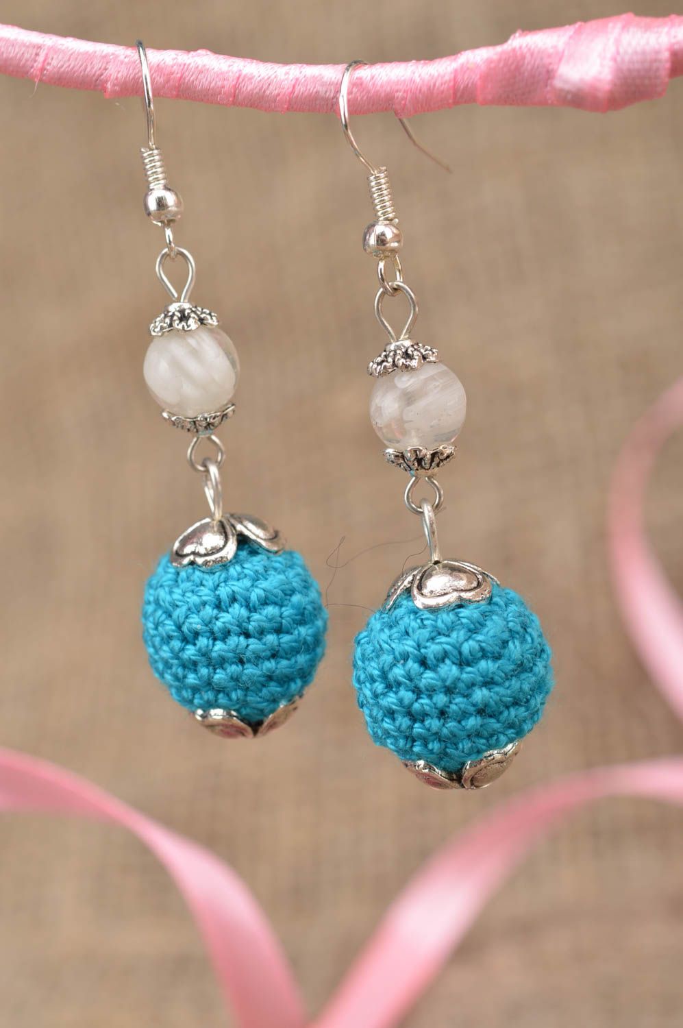 Unusual beautiful blue handmade designer ball earrings crochet over with threads photo 1