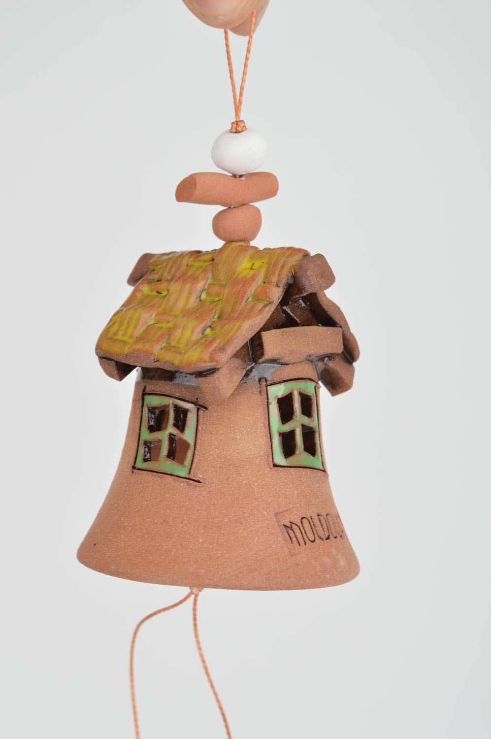 Clay bell in the form of small house unusual cute handmade wall pendant photo 2