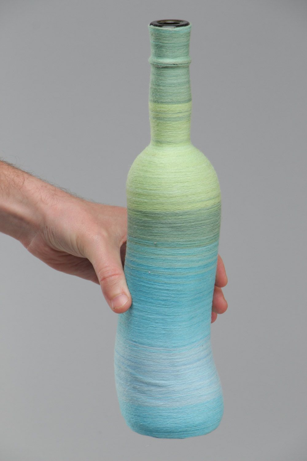 Handmade decorative glass bottle woven over with cotton threads 700 ml photo 5