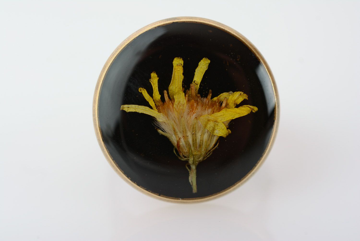 Handmade round black ring with yellow dried flower in epoxy resin for women photo 2