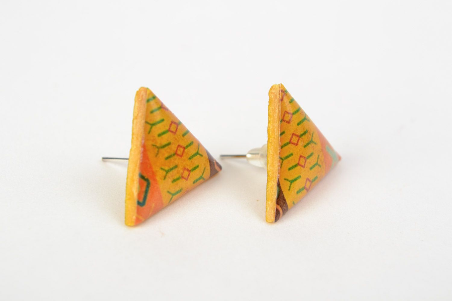 Handmade bright yellow triangle stud earrings with jewelry glaze for women photo 3