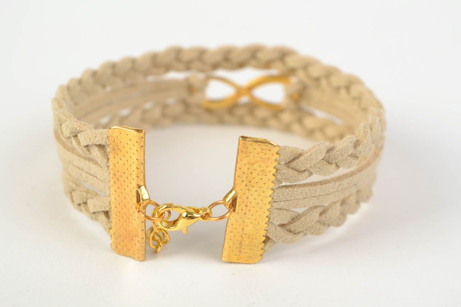 Stylish beige woven suede cord bracelet handmade Infinity photo 4