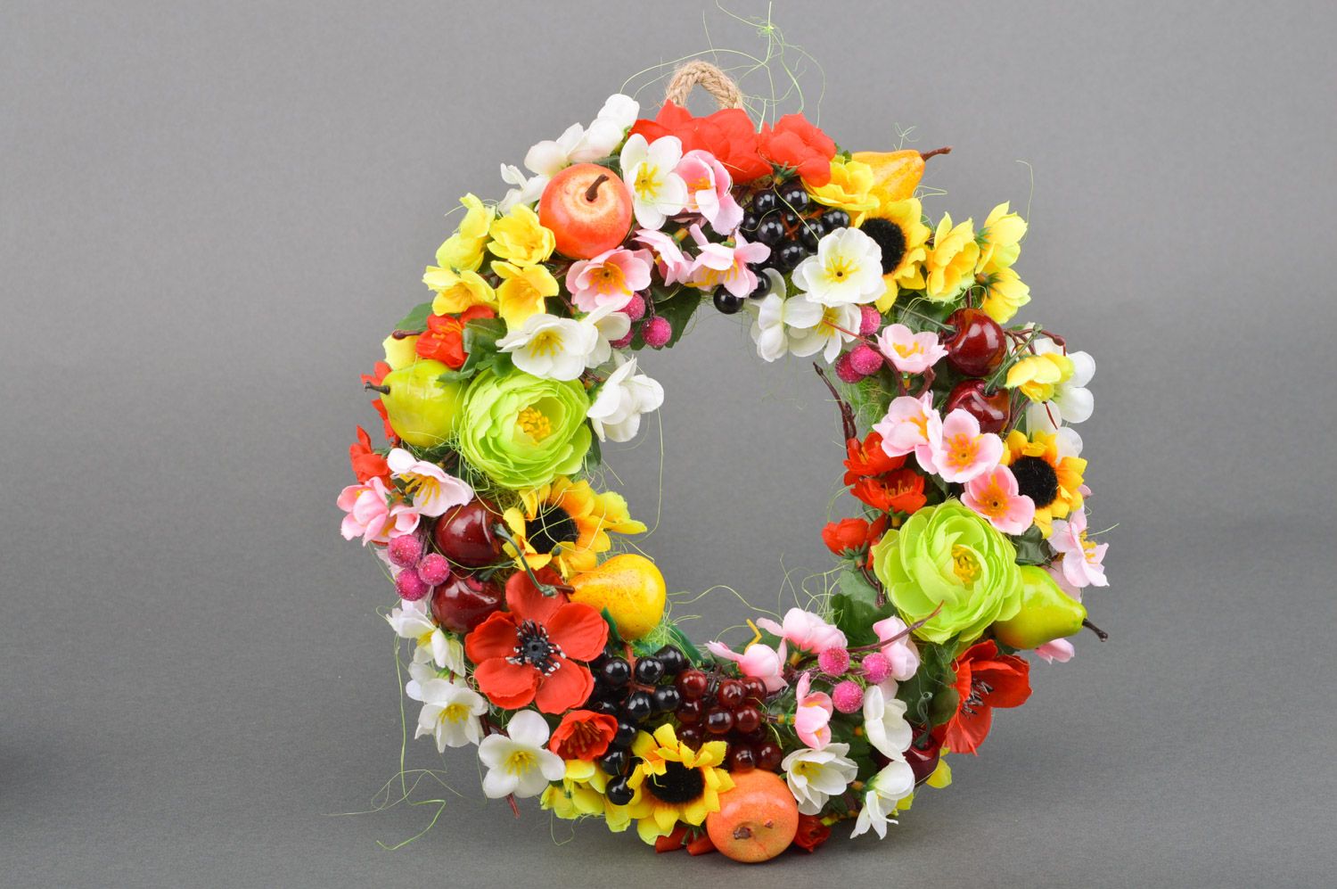 Handmade large bright door wreath with artificial flowers and fruits for home decor photo 5