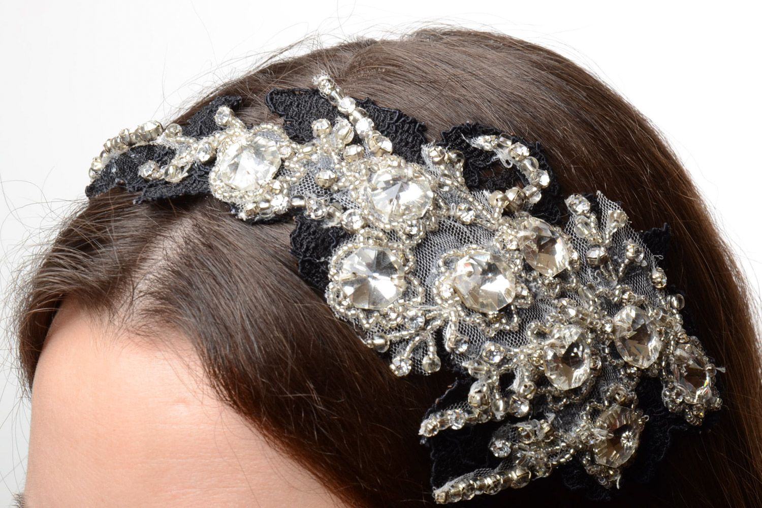 Glamour beautiful handmade headband with strasses and lace photo 1