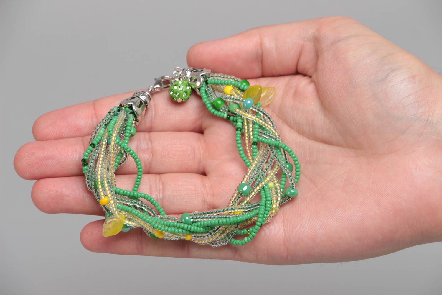Handmade designer green and yellow beaded wrist bracelet for women photo 5