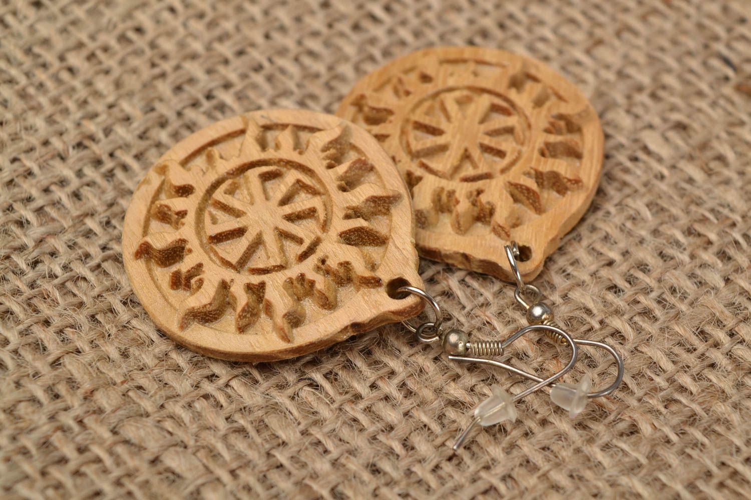 Handmade earrings amulet with Cross of Lada Virgin symbol made of acacia wood photo 1