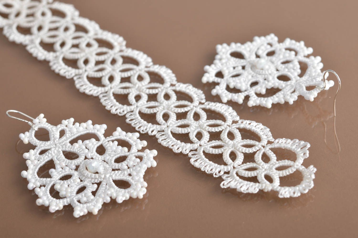 Beautiful handmade designer tatting earrings and bracelet lace jewelry set photo 1