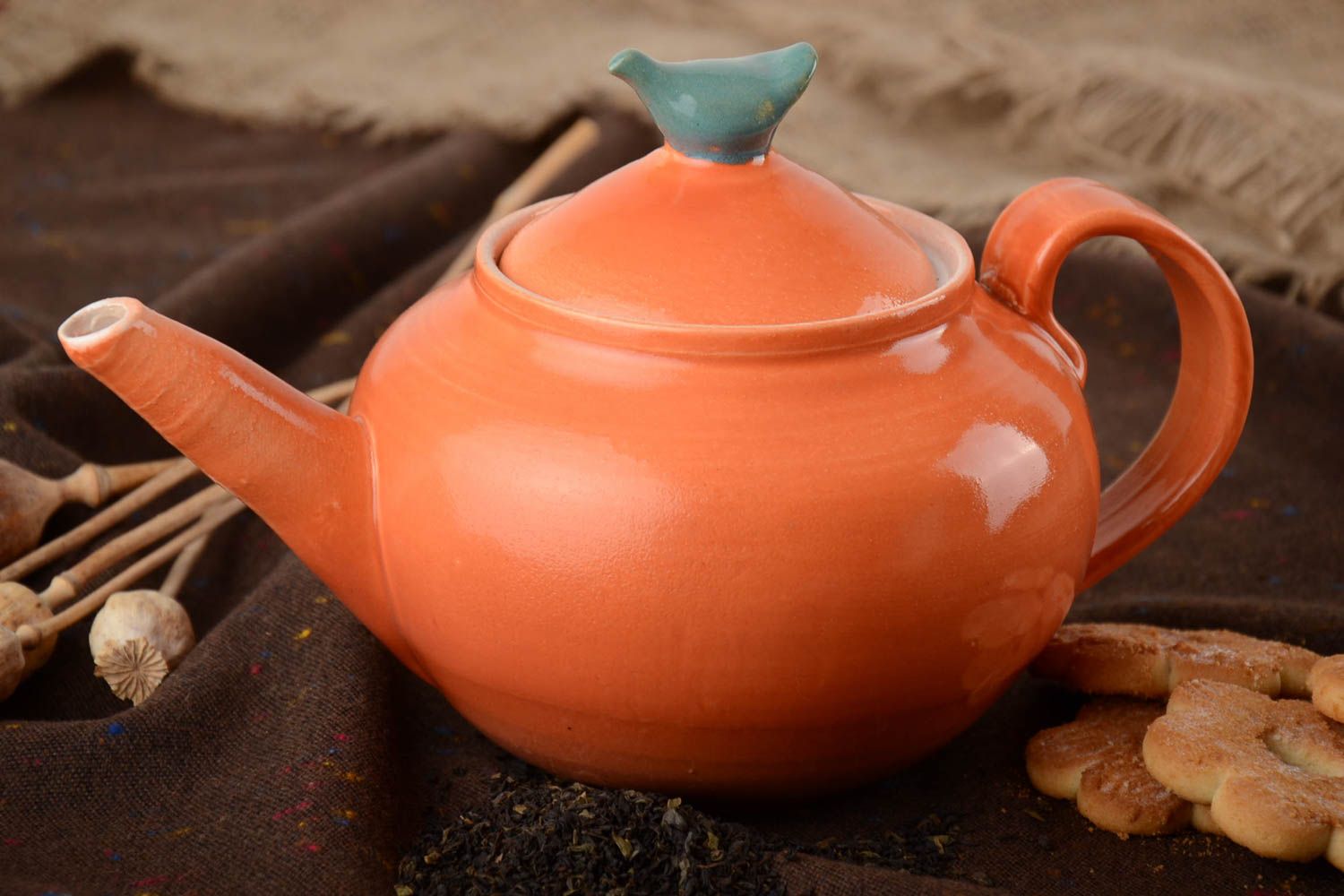 Bemalte schöne Ton Teekanne mit Glasur beschichtet in oranger Farne 1 L handmade foto 1