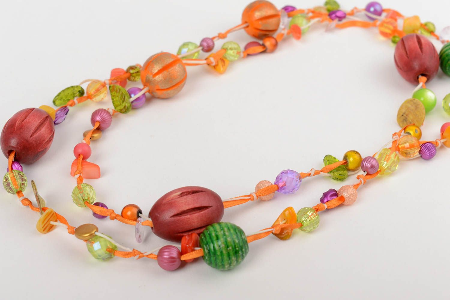Handmade long designer necklace with colorful wooden and plastic beads photo 4