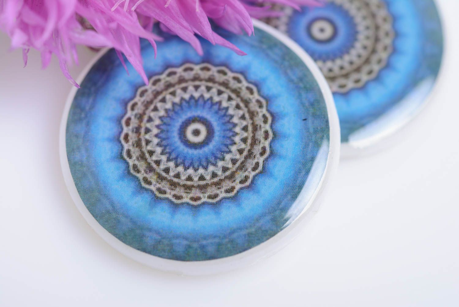 Handmade blue round dangling polymer clay decoupage earrings with ornament photo 3