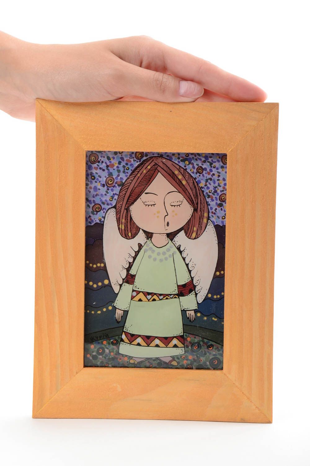 Jolie peinture avec ange dans cadre en bois murale à l'huile faite main photo 5