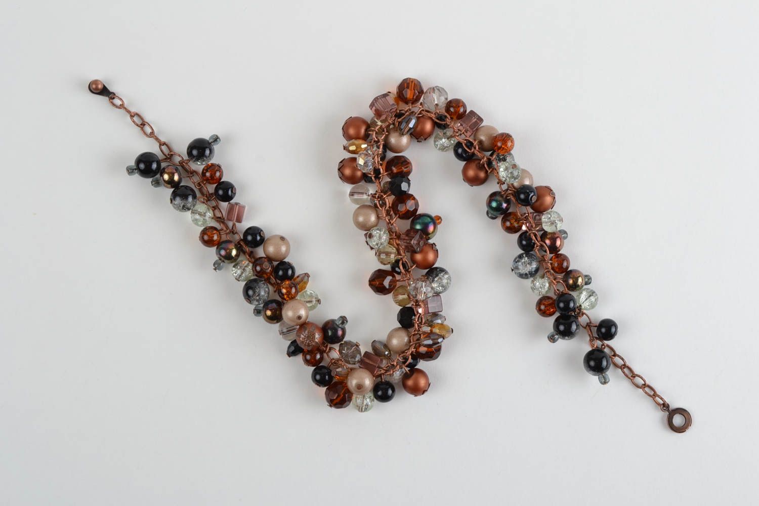 Unusual brown handmade designer necklace with glass and natural stone beads photo 3