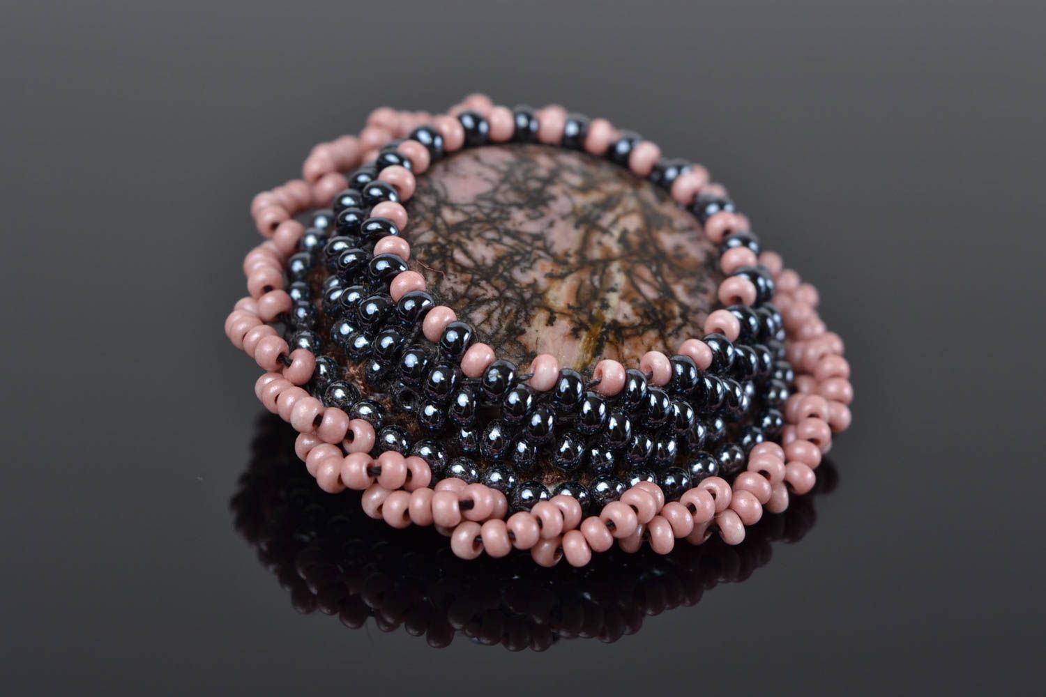 Handmade female evening round beaded brooch made of natural stone photo 1