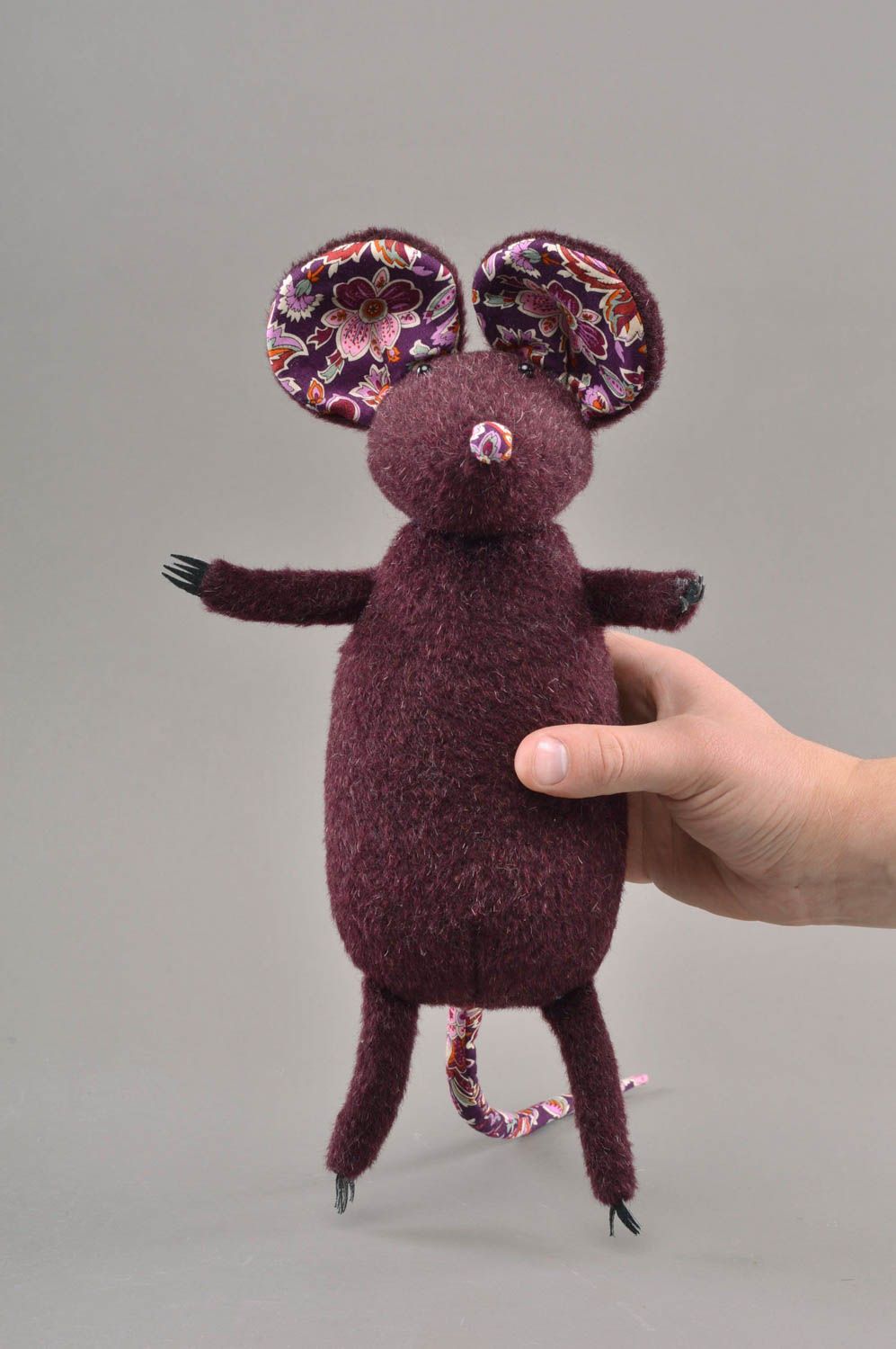 Small handmade children's half wool fabric soft toy Mouse of violet color photo 4