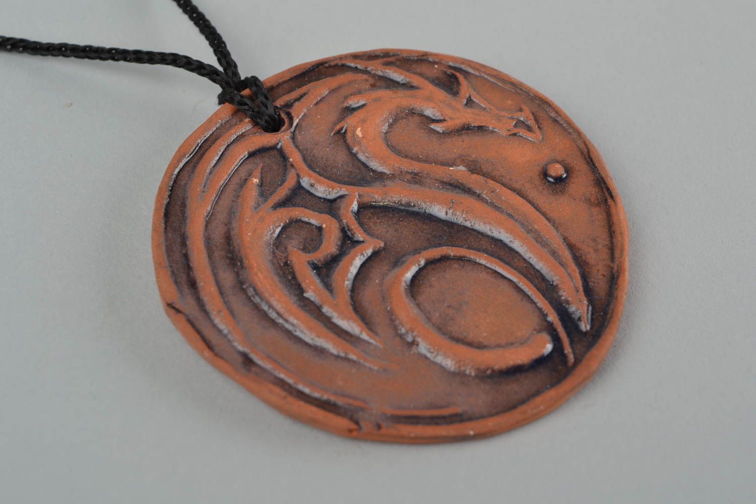 Handmade large brown ceramic round pendant with dragon image photo 4