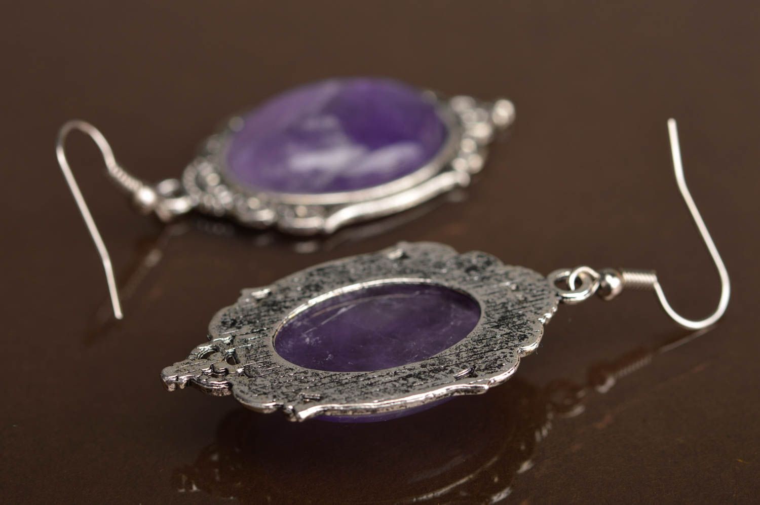 Handmade designer violet oval metal earrings with stone in vintage style photo 5