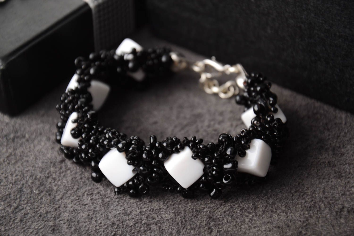 Handmade unusual elegant bracelet black and white bracelet beaded accessory photo 1