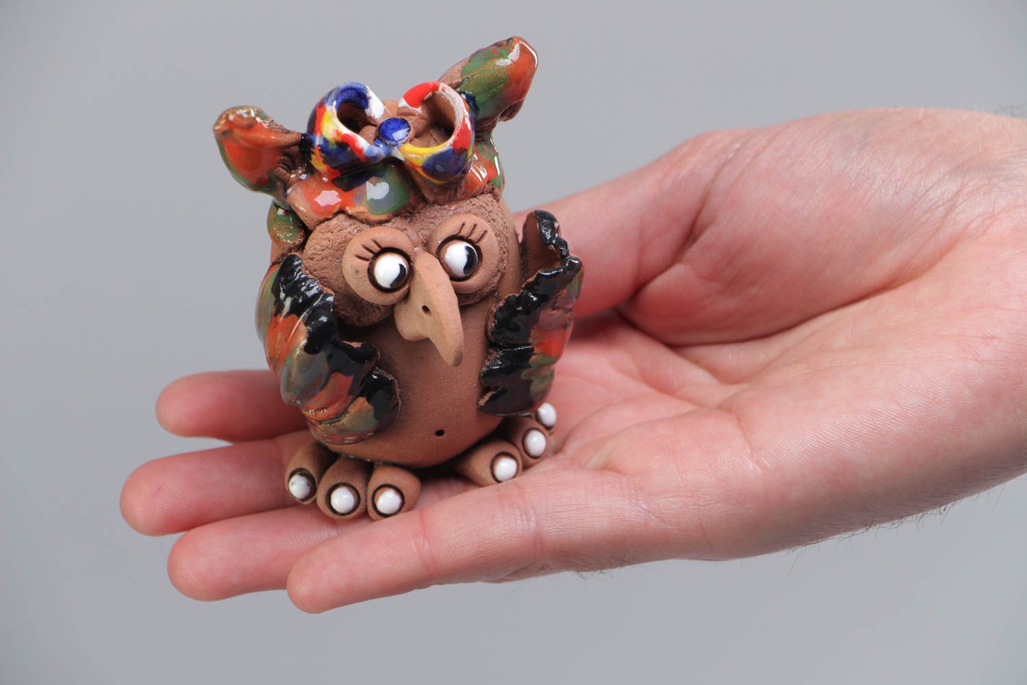 Figurine hibou en terre cuite décorative peinte originale faite main pour enfant photo 5
