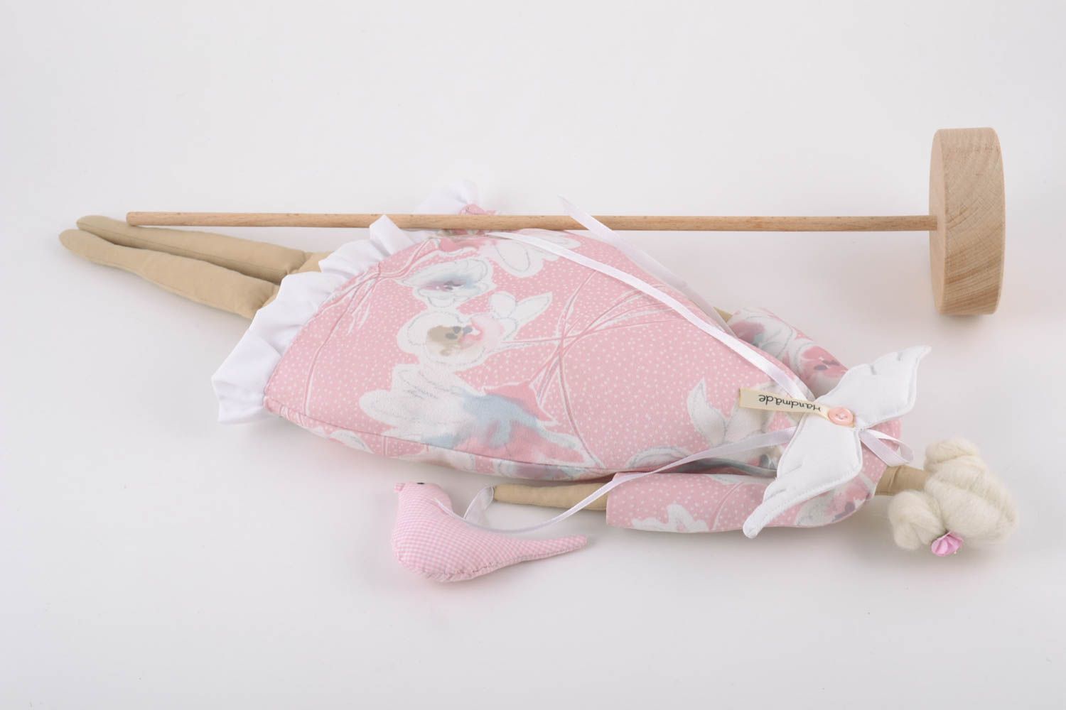 Handmade linen fabric soft toy fairy in pink bathrobe with little bird for kids photo 4