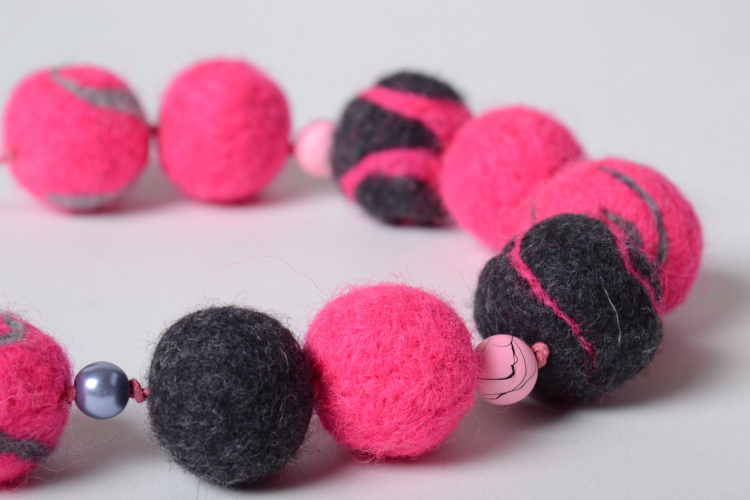 Bright pink and gray handmade wool ball necklace created using needle felting technique photo 3