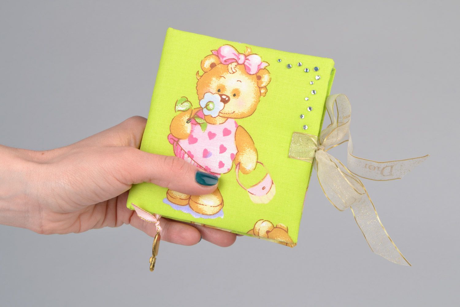Handmade square notebook with soft green cover with image of bear for 60 pages photo 2