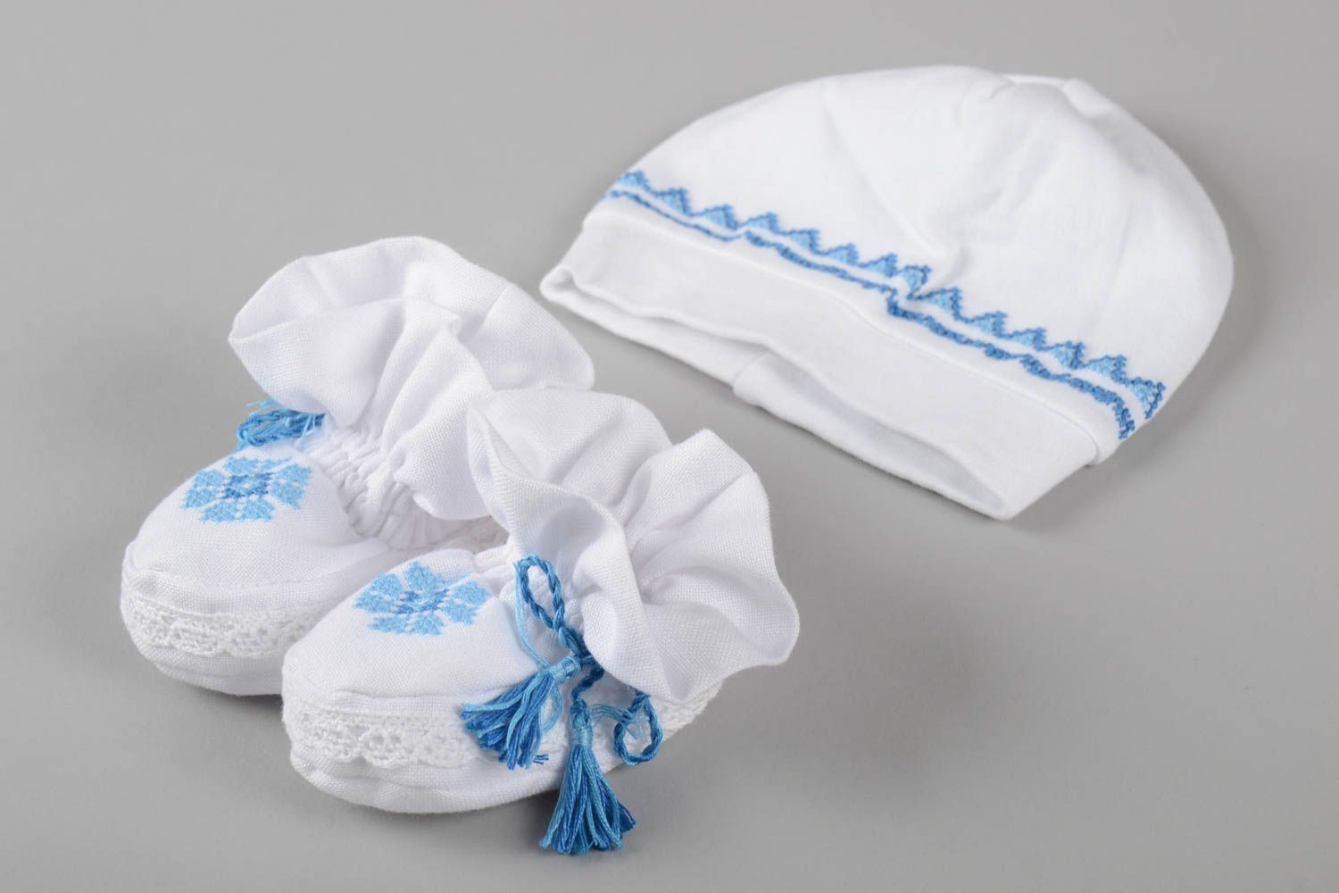 Handmade blaue Baby Mütze Schuhe für Neugeborene Baby Kleidung mit Stickerei foto 4