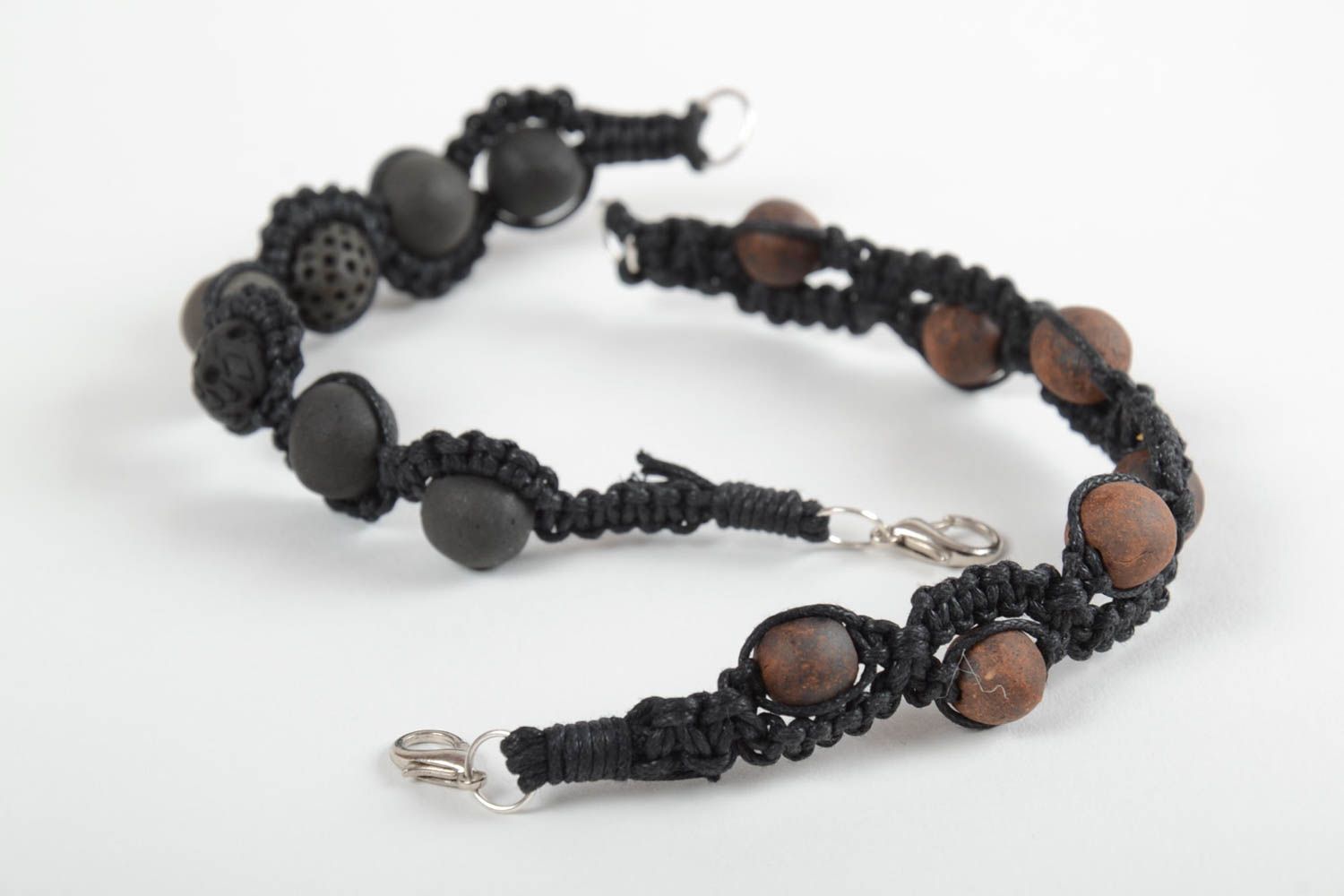 Bracelets textiles 2 Bijoux fait main tressé noir perles argile Cadeau original photo 4
