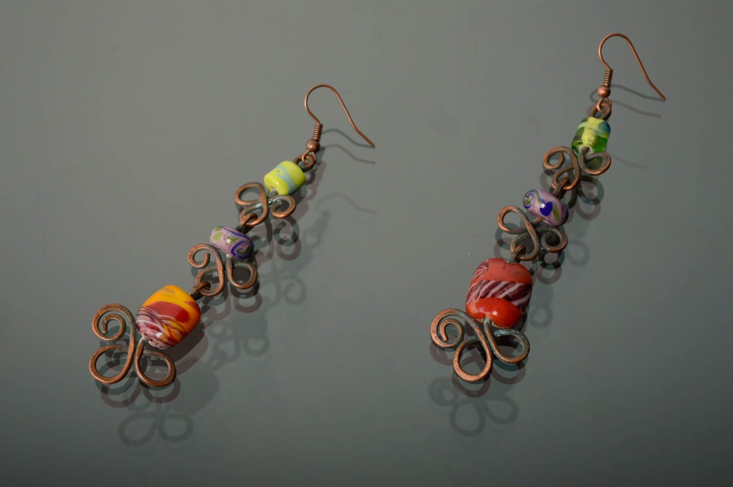 Wire wrap and lampwork long earrings The East photo 1