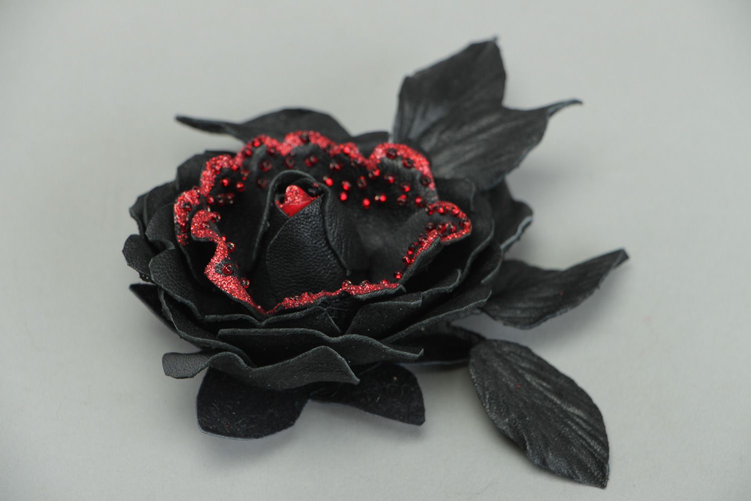 Handmade volume leather brooch in the shape of flower with leaves red and black photo 1
