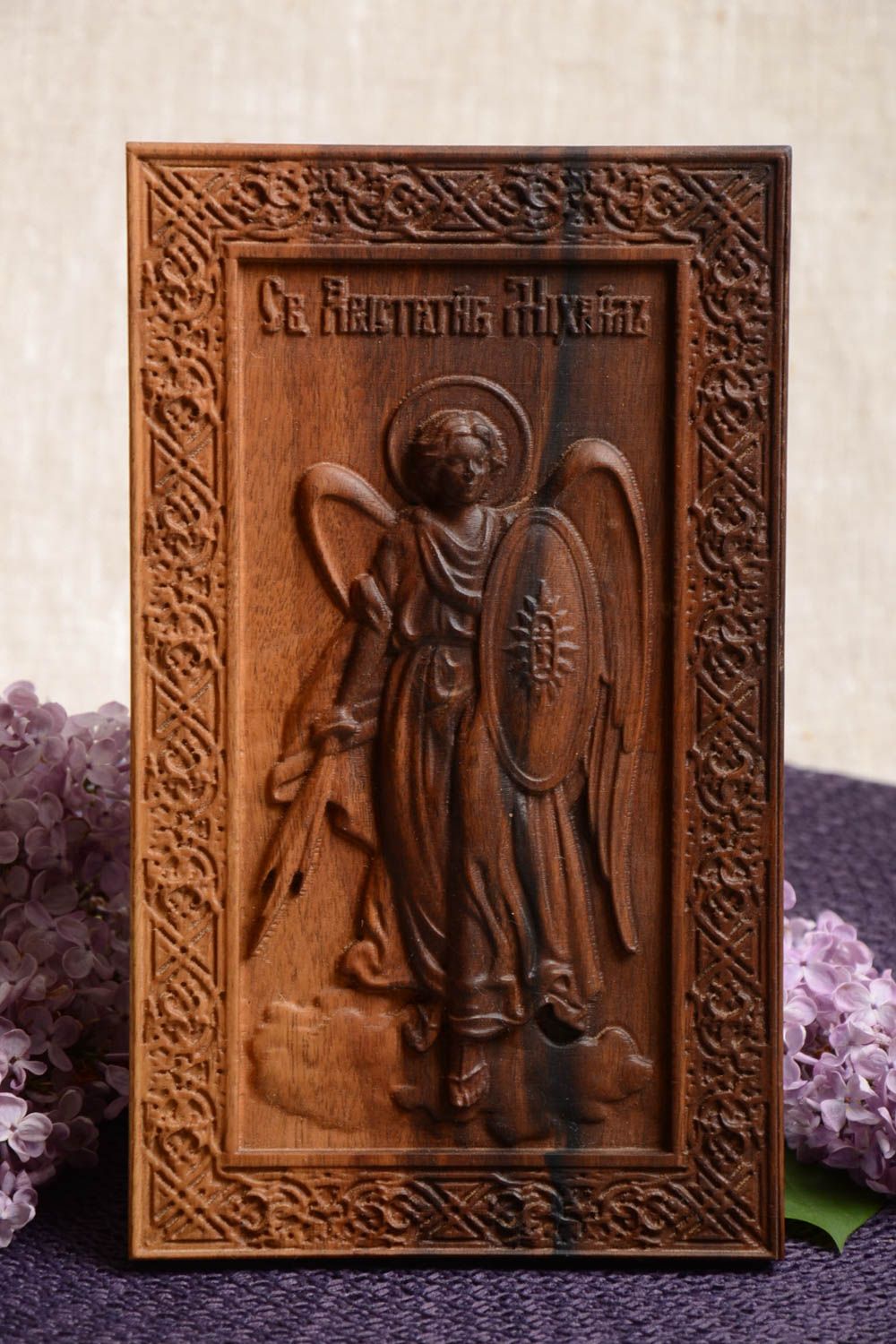 Carved wooden icon with metal fastening Archangel Michael handmade wall panel photo 1