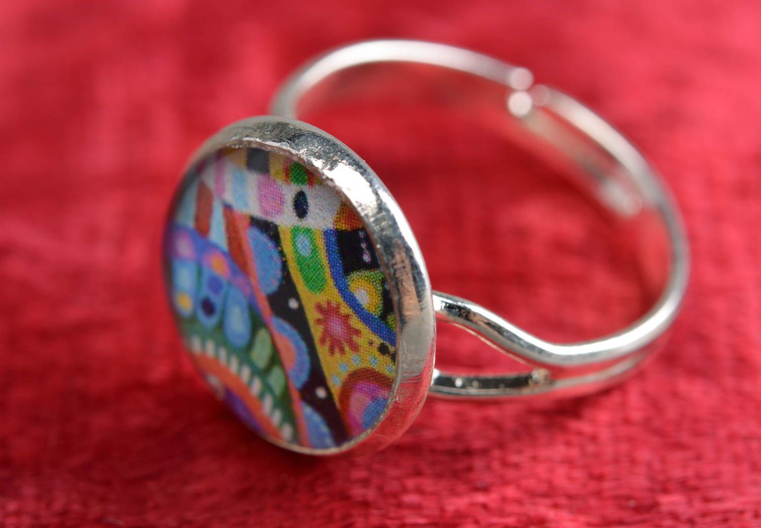 Handmade bright ring with decoupage print and with jewelry resin designer jewelry photo 1