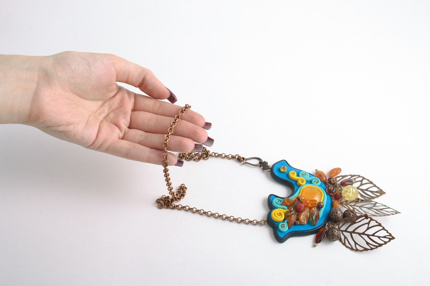 Handmade colorful necklace made of leather with natural gems in the form of a bird  photo 5