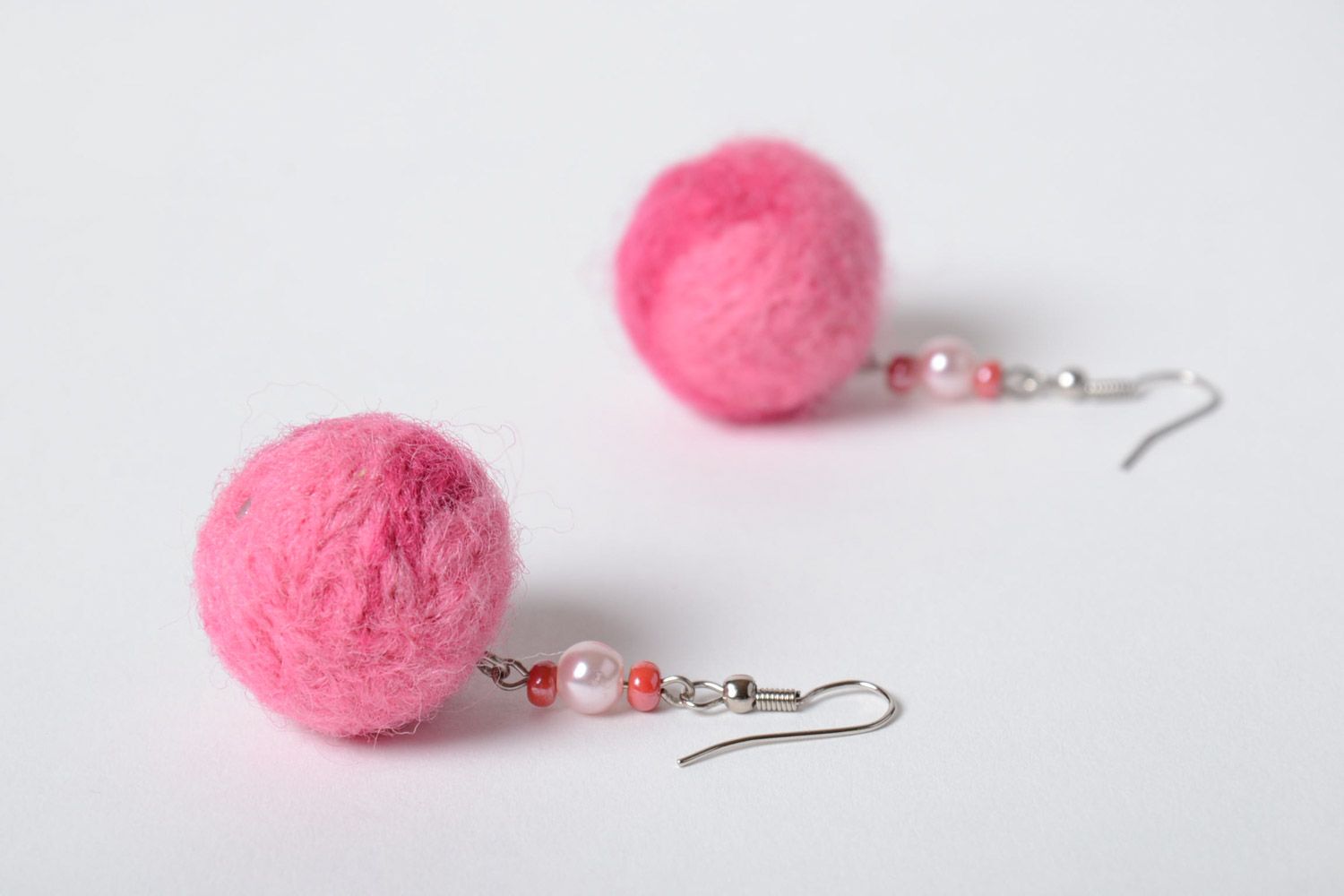 Pink soft handmade felted wool ball earrings for girls photo 2