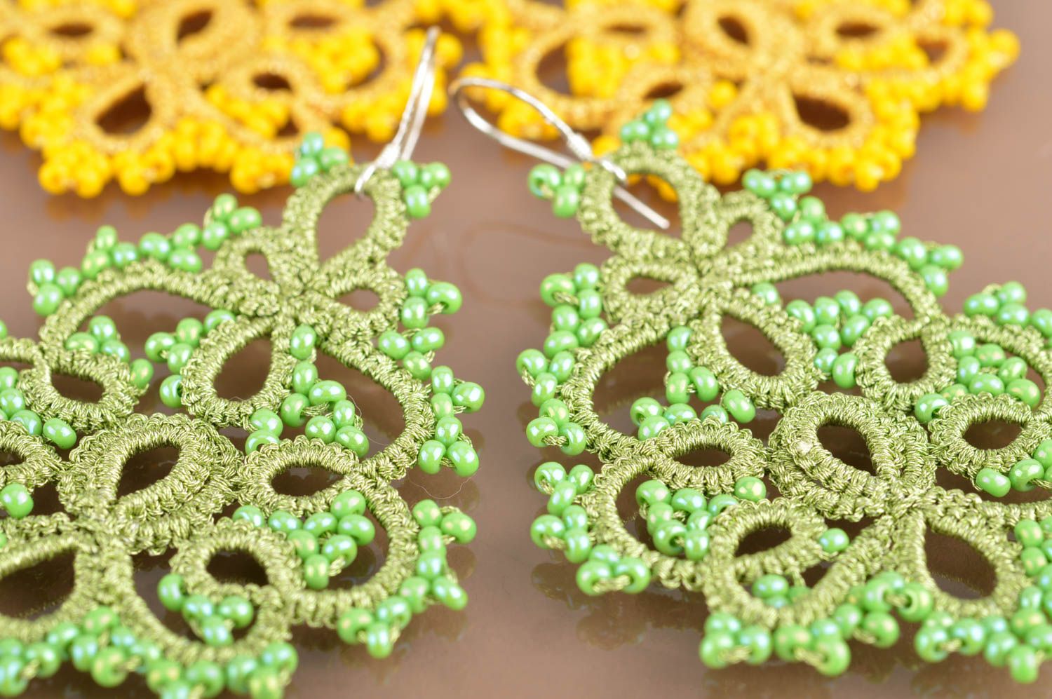 Set of 2 pairs of handmade designer lace drop tatted earrings yellow and green photo 4