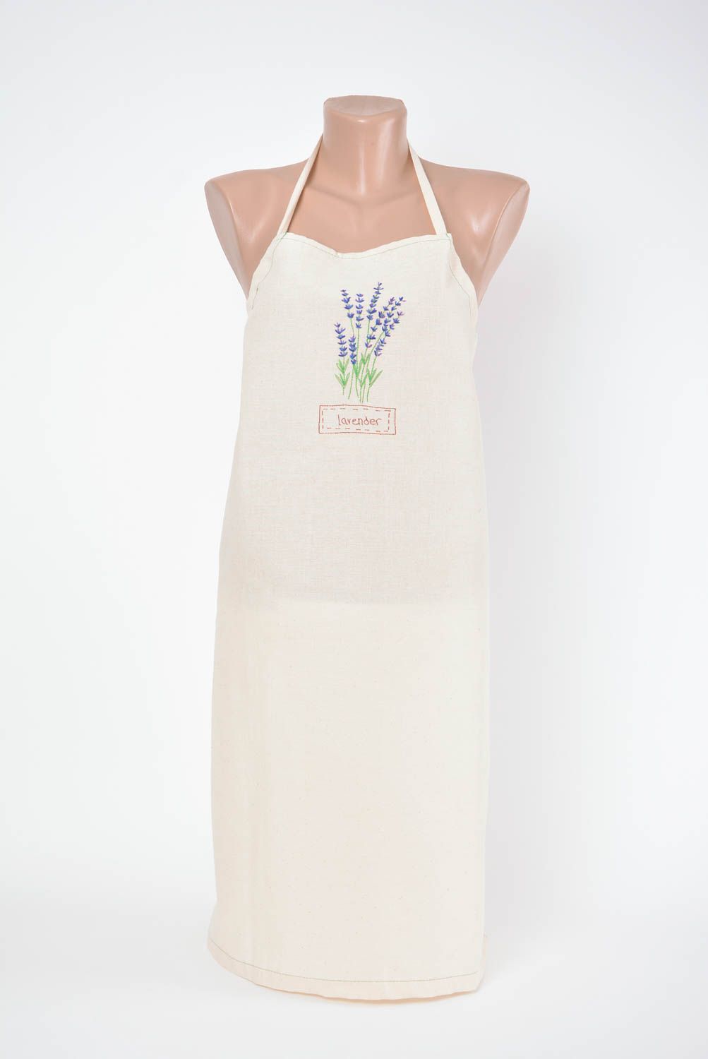 Handmade semi linen white women's kitchen apron with embroidered lavender photo 1