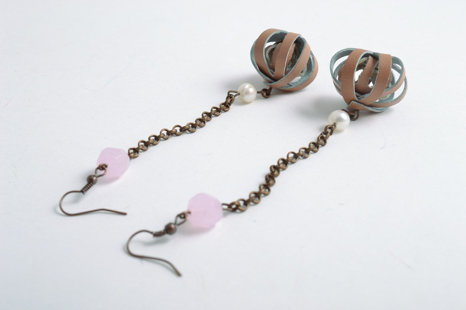 Handmade long earrings with leather charms and natural stones photo 3
