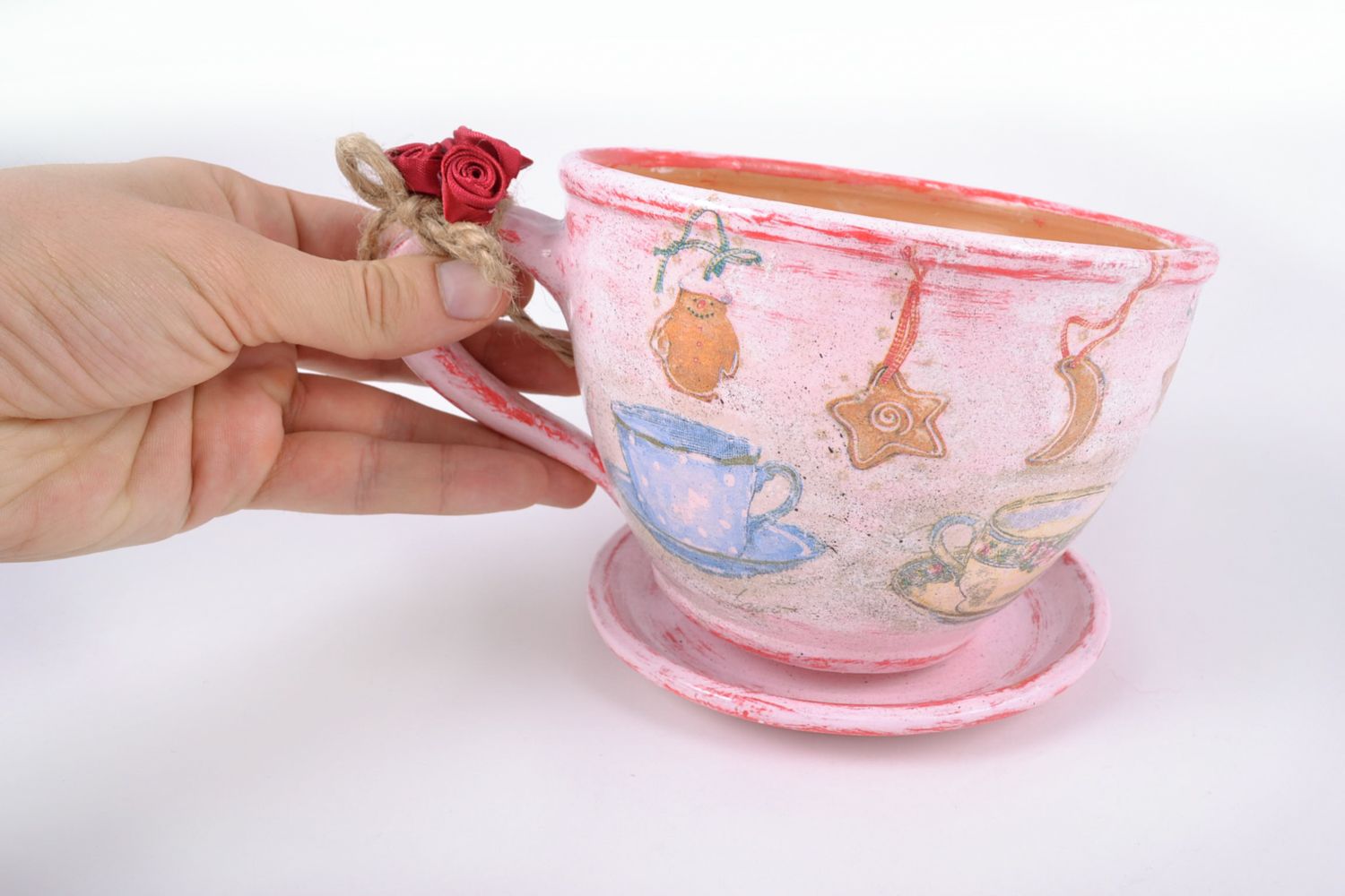 Pot de fleur en céramique cuit au lait original en forme de tasse rose fait main photo 2