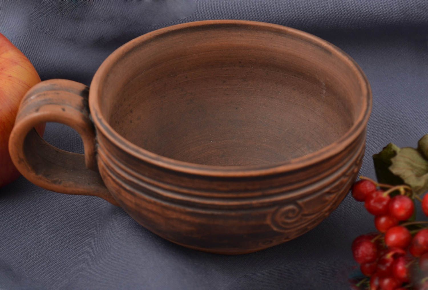 6 oz clay wide rustic tea or coffee cup in brown color with handle photo 1