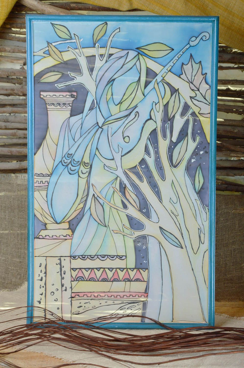 Handmade designer wall panel cold batik painting in blue color palette  photo 1