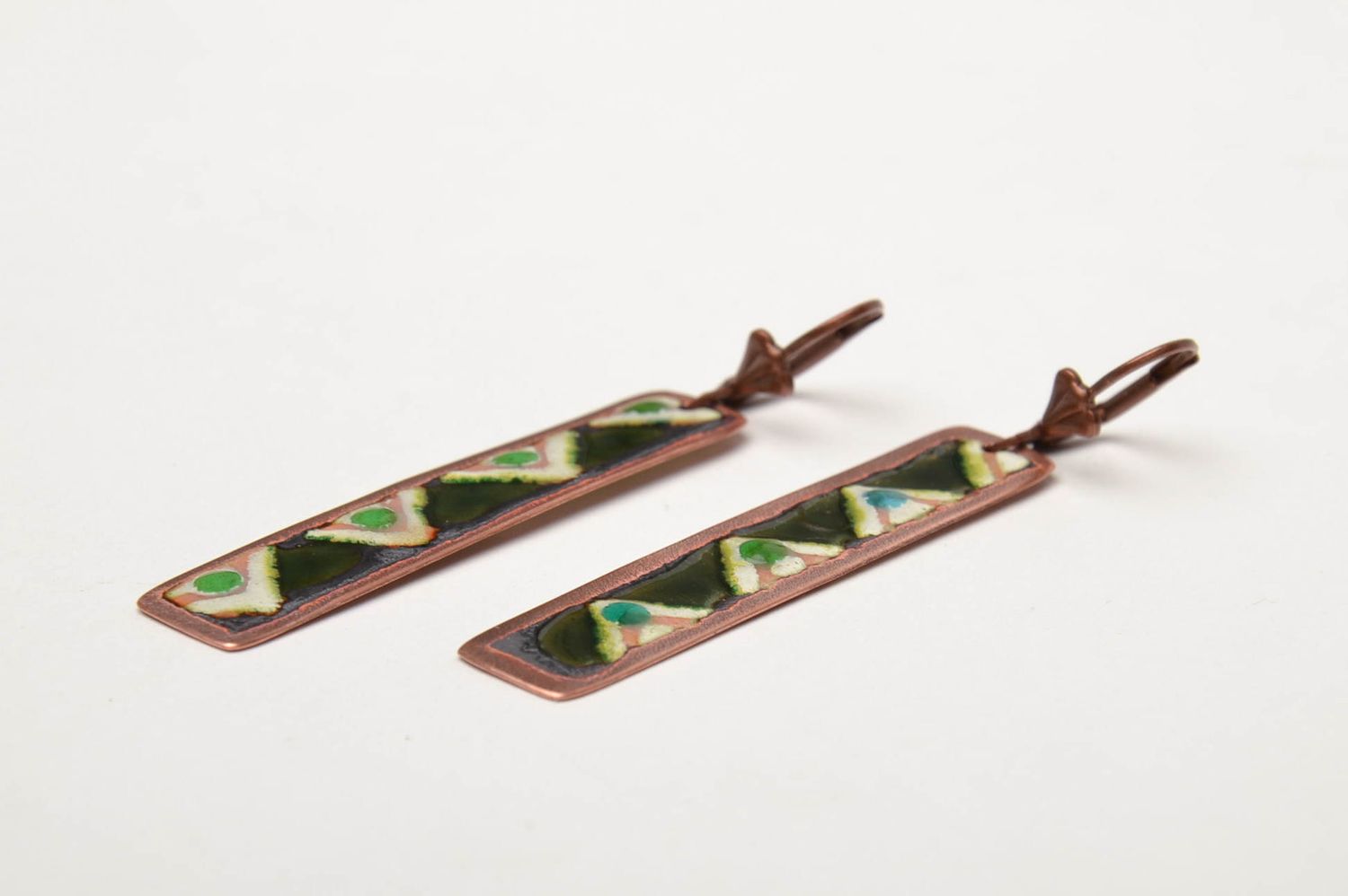 Long rectangular copper earrings with ornament made with enamels photo 4