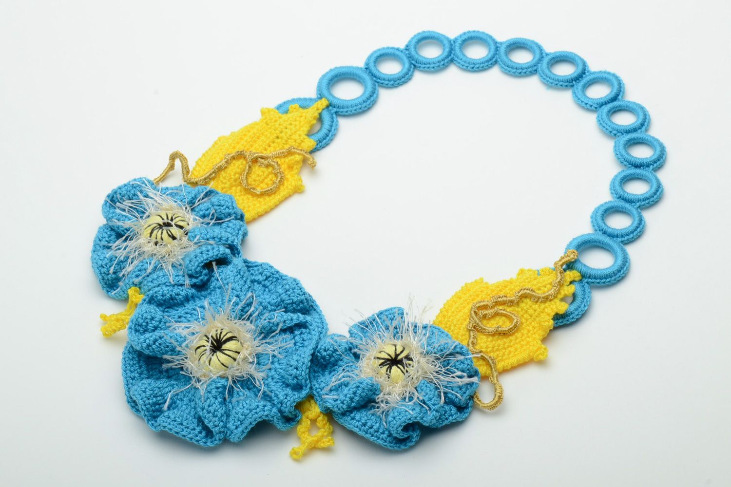 Collier tricoté en fils au crochet fait main massif bleu et jaune pour femme photo 2